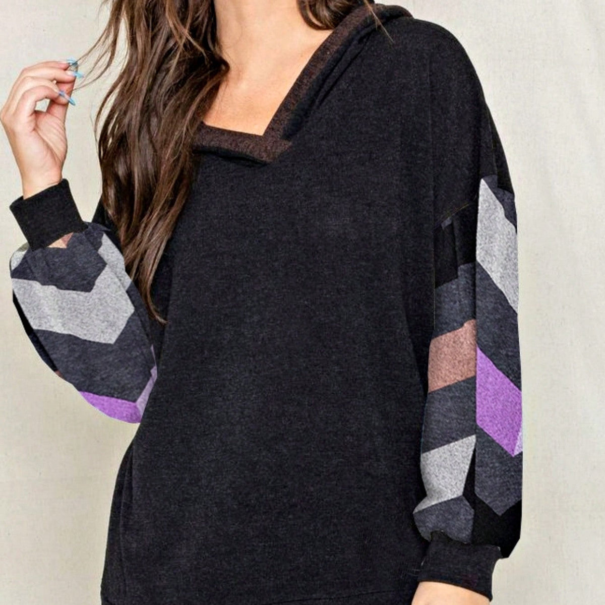 Women's Stylish Long Sleeve Knitted Fabric Top With Plaid Contrast Panel And Drawstring Detail Casual Regular Length Blouse