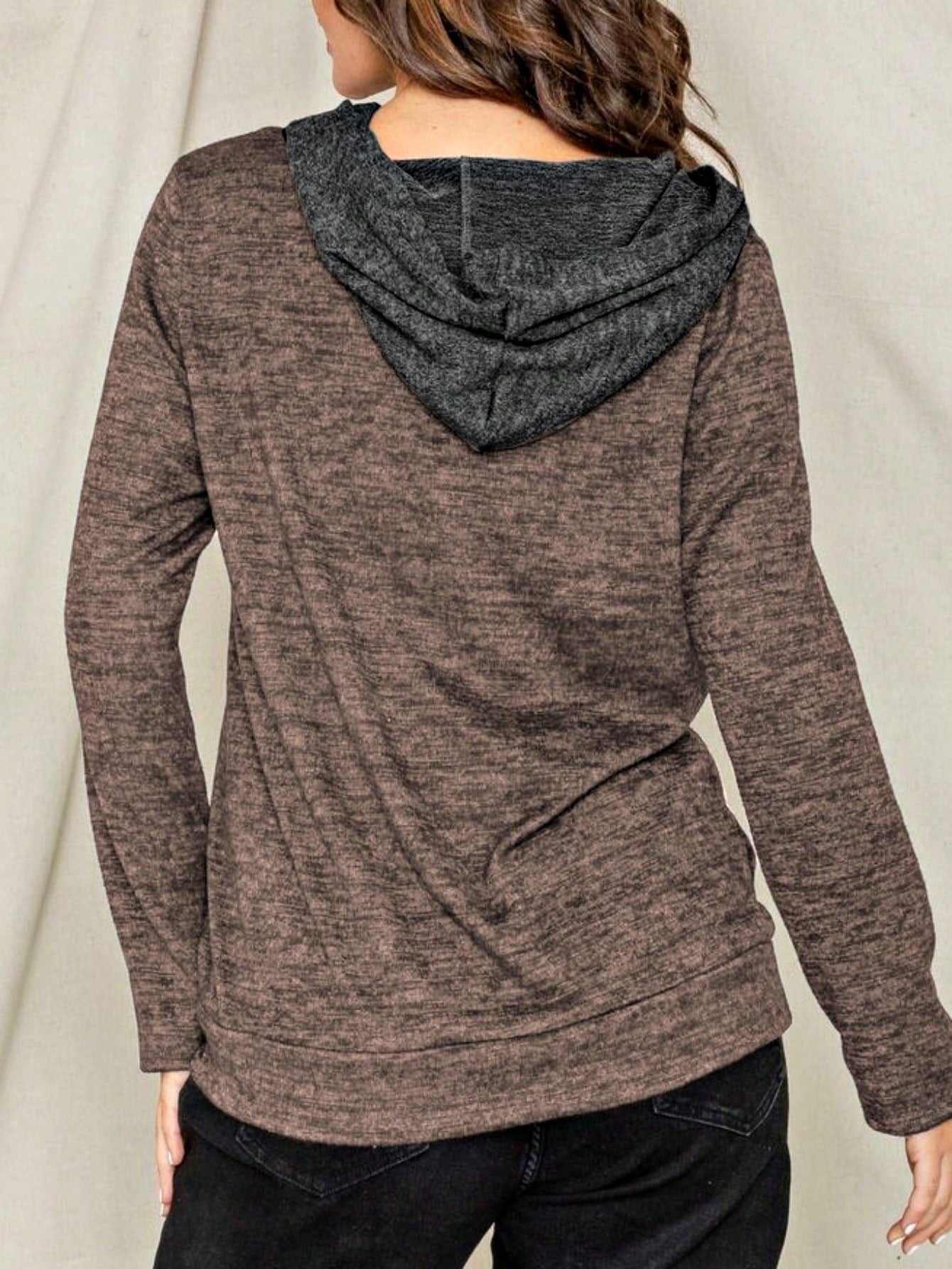 Women's Stylish Long Sleeve Knitted Fabric Top With Plaid Contrast Panel And Drawstring Detail Casual Regular Length Blouse