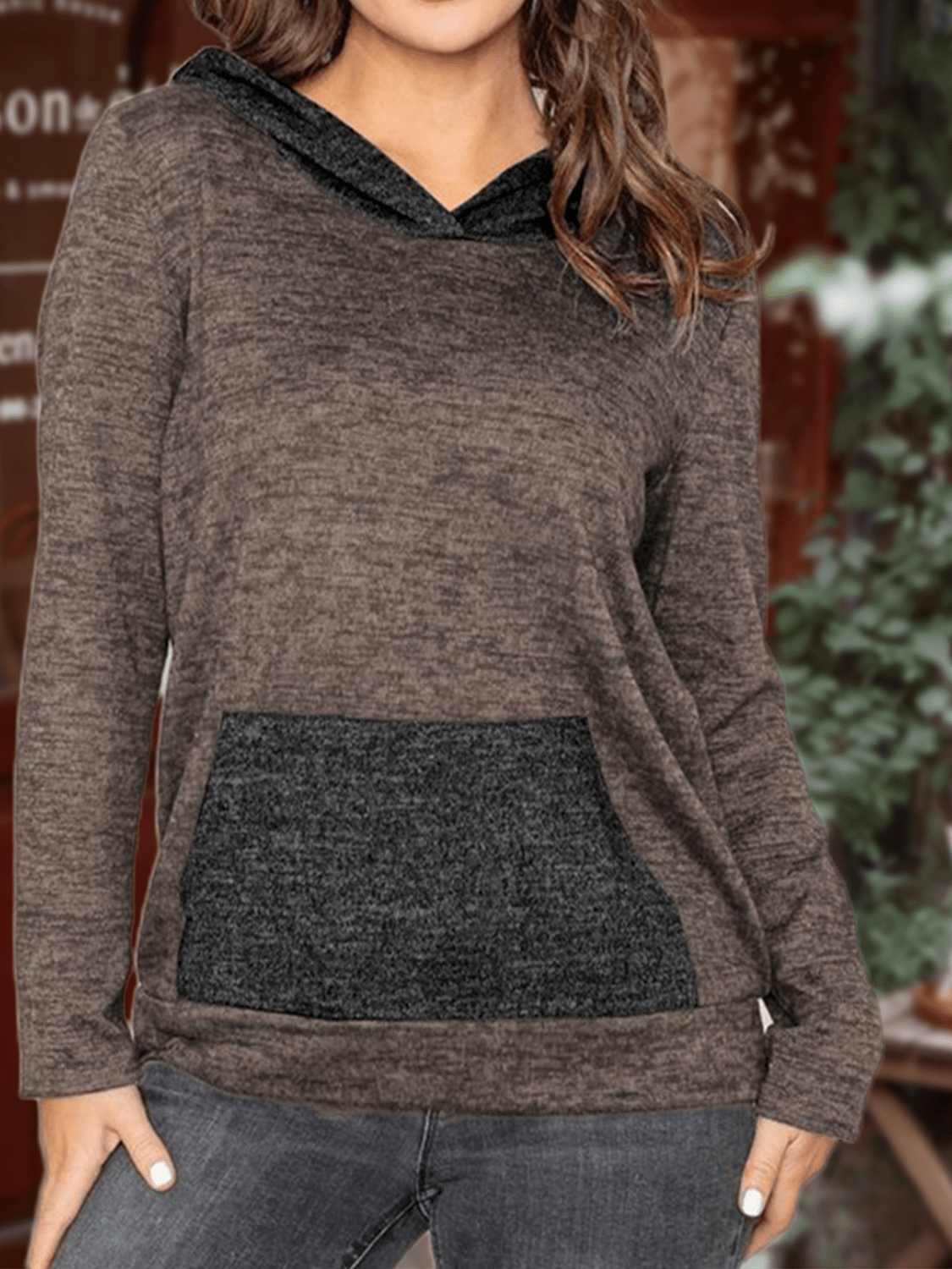 Women's Stylish Long Sleeve Knitted Fabric Top With Plaid Contrast Panel And Drawstring Detail Casual Regular Length Blouse