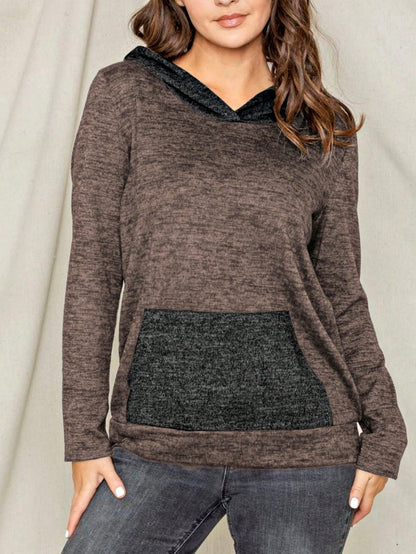 Women's Stylish Long Sleeve Knitted Fabric Top With Plaid Contrast Panel And Drawstring Detail Casual Regular Length Blouse