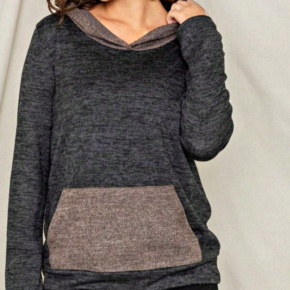 Women's Stylish Long Sleeve Knitted Fabric Top With Plaid Contrast Panel And Drawstring Detail Casual Regular Length Blouse