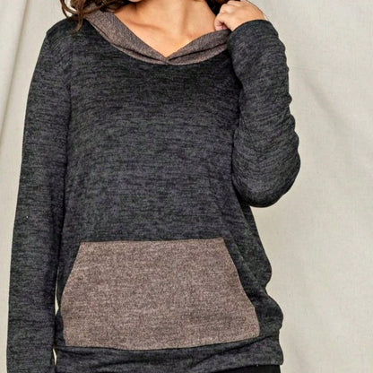 Women's Stylish Long Sleeve Knitted Fabric Top With Plaid Contrast Panel And Drawstring Detail Casual Regular Length Blouse