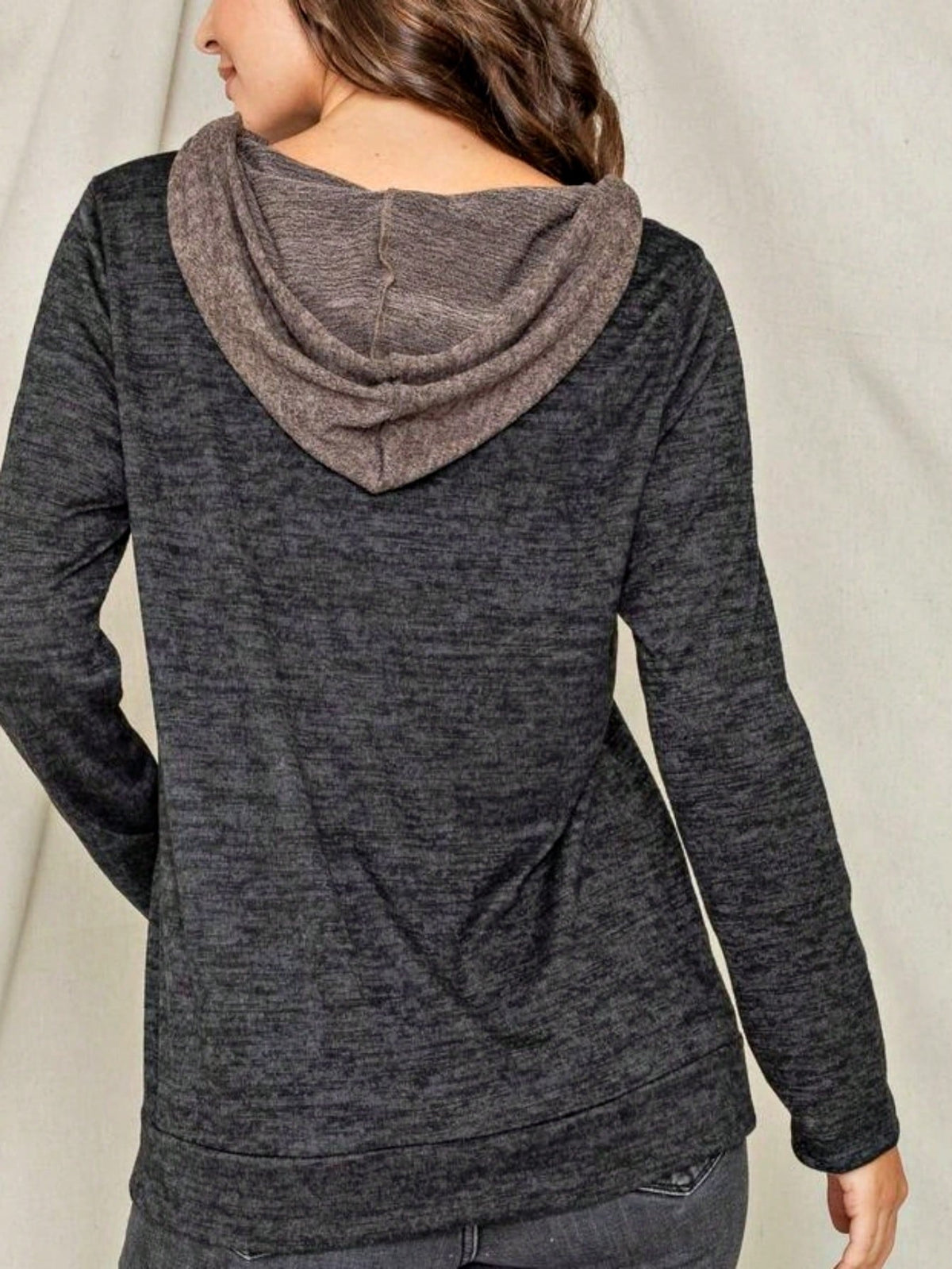 Women's Stylish Long Sleeve Knitted Fabric Top With Plaid Contrast Panel And Drawstring Detail Casual Regular Length Blouse