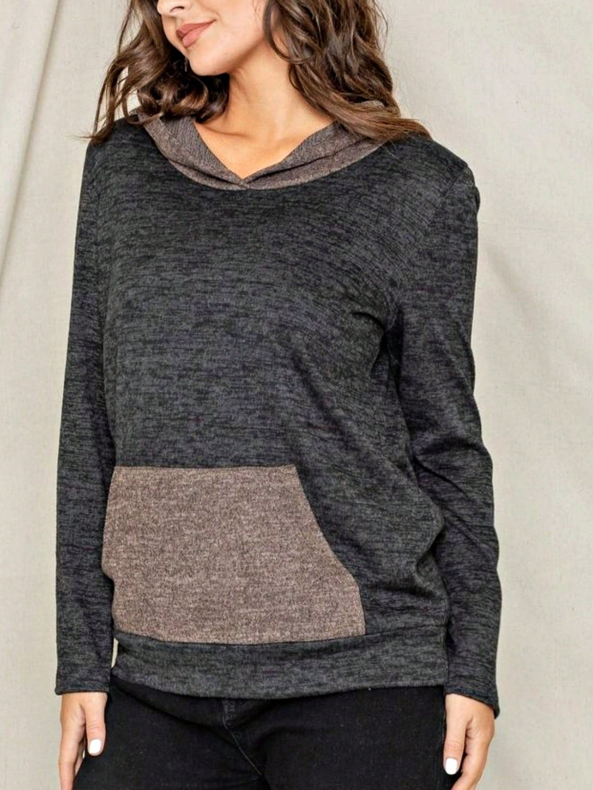 Women's Stylish Long Sleeve Knitted Fabric Top With Plaid Contrast Panel And Drawstring Detail Casual Regular Length Blouse