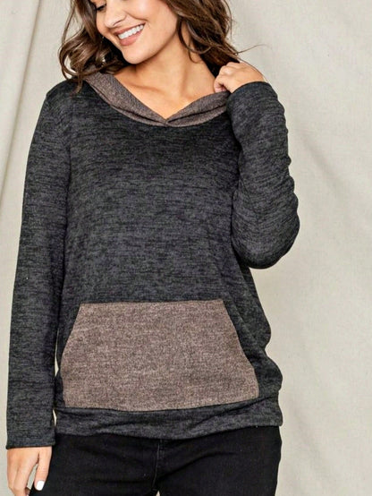 Women's Stylish Long Sleeve Knitted Fabric Top With Plaid Contrast Panel And Drawstring Detail Casual Regular Length Blouse