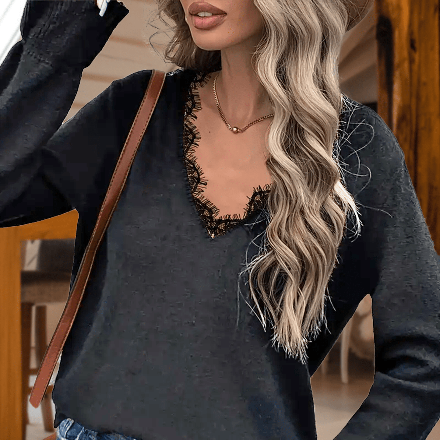 Navy Blue Boho Retro 90's Vintage Sleeve Dot Print Knit Contrast Binding Waffle  Soft Floral Raglan Sleeve Tunic Top Pullover