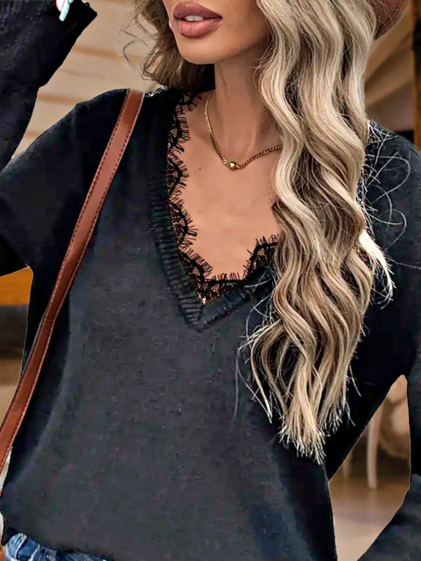 Navy Blue Boho Retro 90's Vintage Sleeve Dot Print Knit Contrast Binding Waffle  Soft Floral Raglan Sleeve Tunic Top Pullover