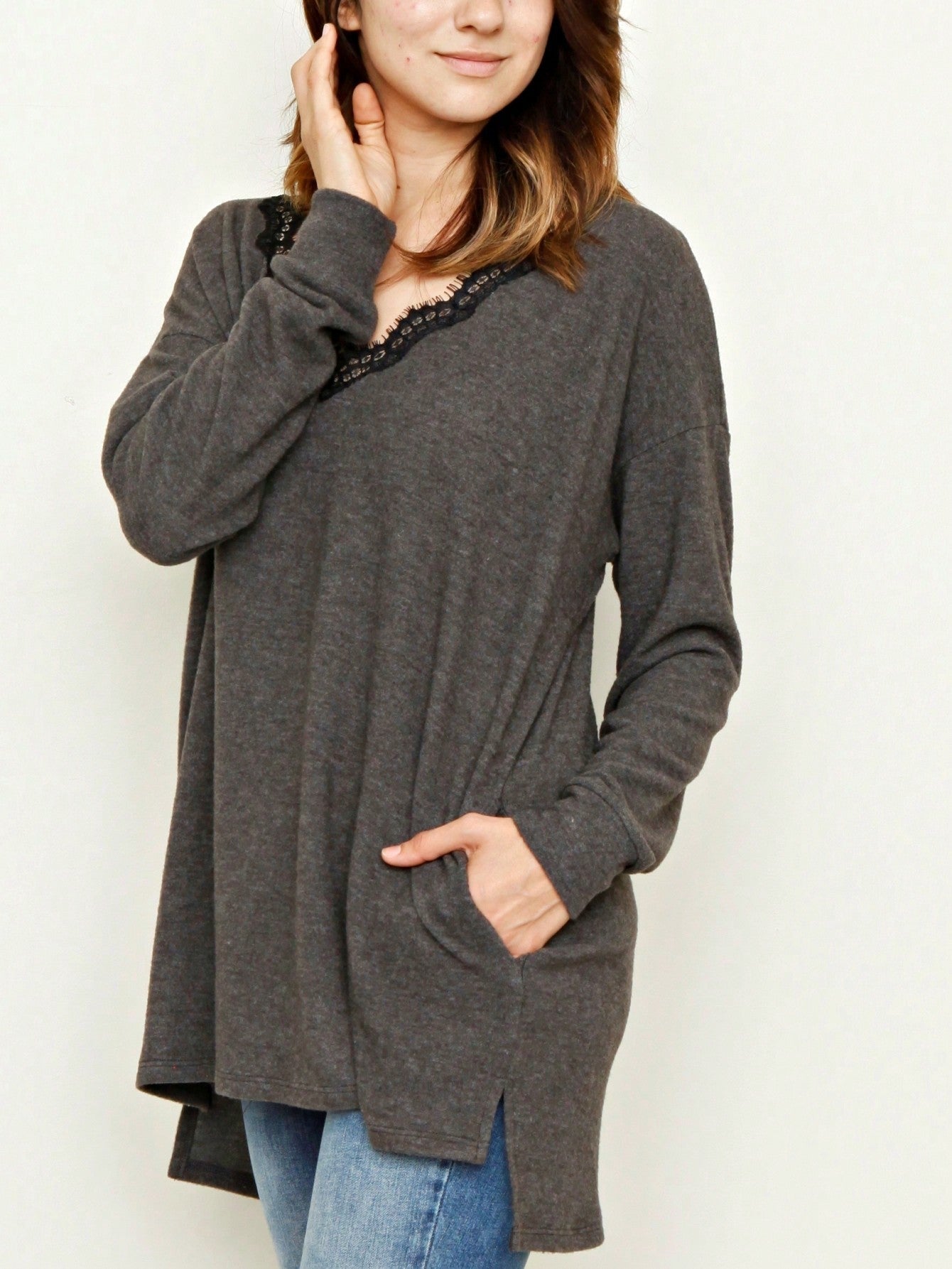 Navy Blue Boho Retro 90's Vintage Sleeve Dot Print Knit Contrast Binding Waffle  Soft Floral Raglan Sleeve Tunic Top Pullover