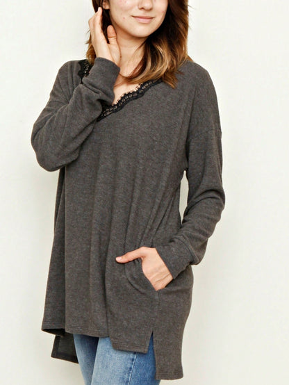 Navy Blue Boho Retro 90's Vintage Sleeve Dot Print Knit Contrast Binding Waffle  Soft Floral Raglan Sleeve Tunic Top Pullover