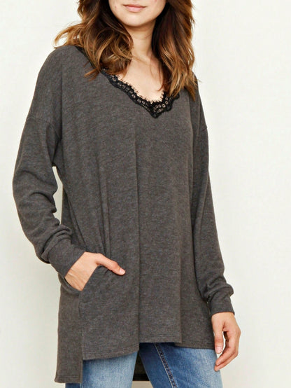 Navy Blue Boho Retro 90's Vintage Sleeve Dot Print Knit Contrast Binding Waffle  Soft Floral Raglan Sleeve Tunic Top Pullover