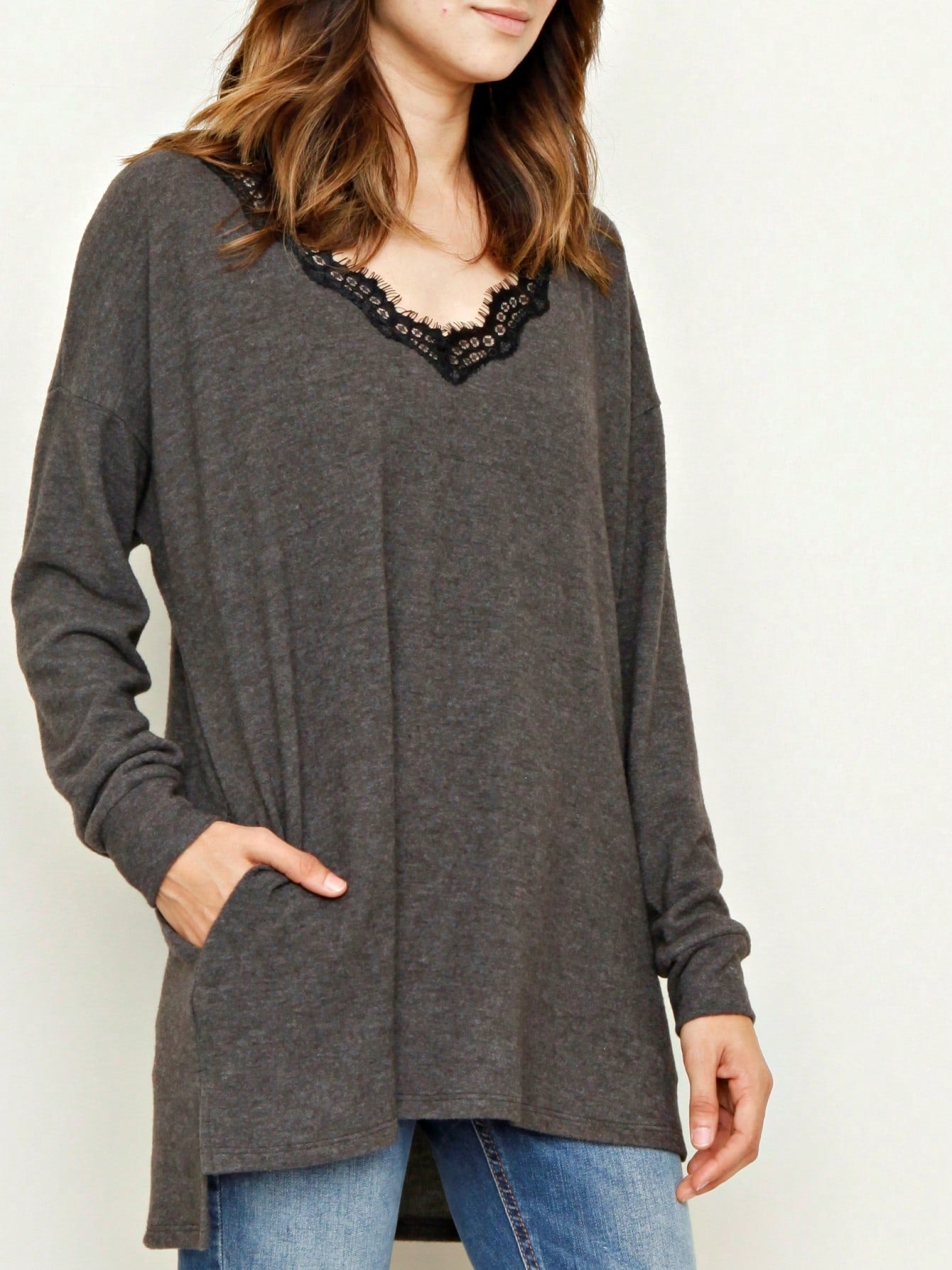 Navy Blue Boho Retro 90's Vintage Sleeve Dot Print Knit Contrast Binding Waffle  Soft Floral Raglan Sleeve Tunic Top Pullover