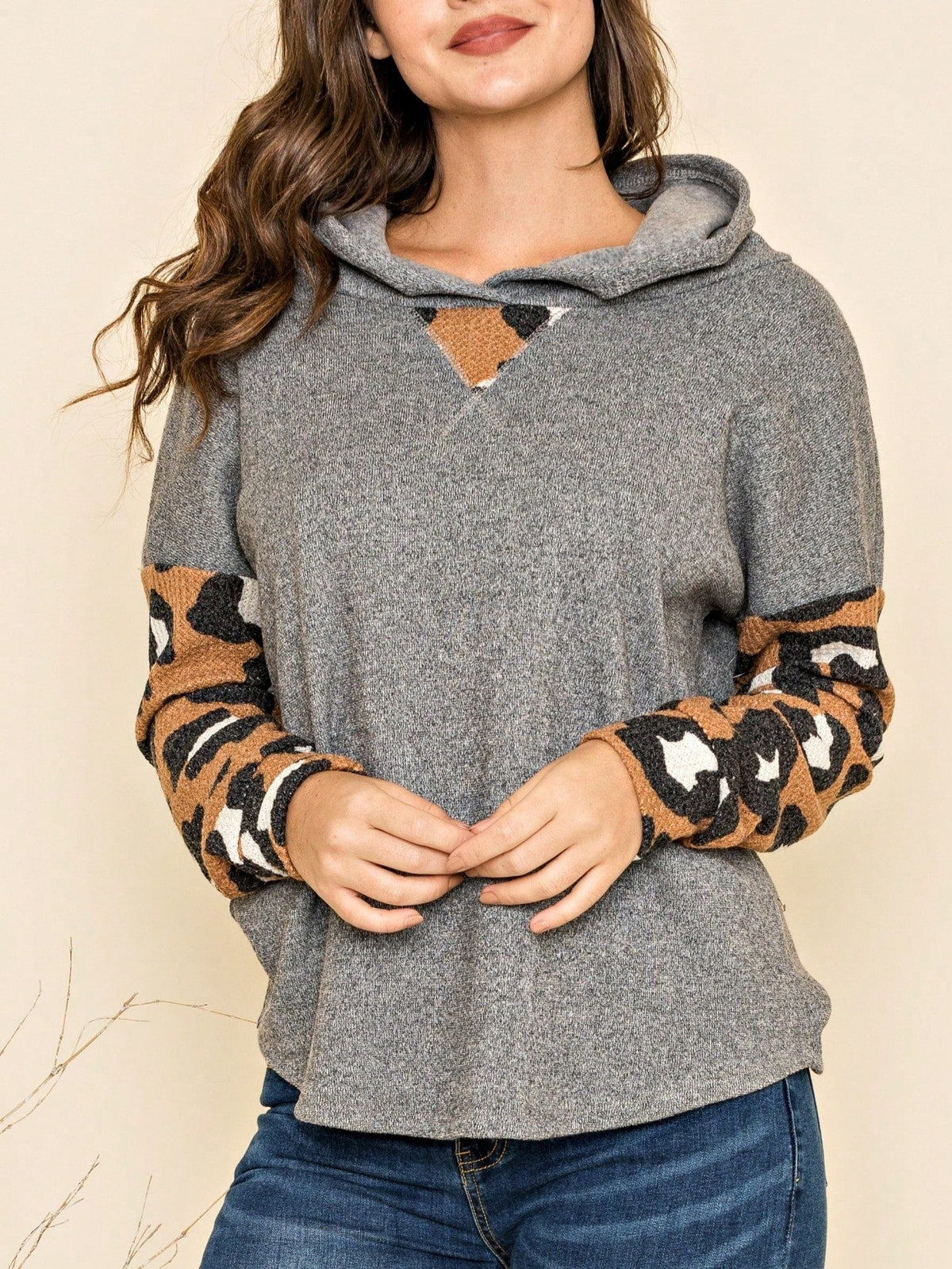Women's Stylish Long Sleeve Knitted Fabric Top With Plaid Contrast Panel And Drawstring Detail Casual Regular Length Blouse