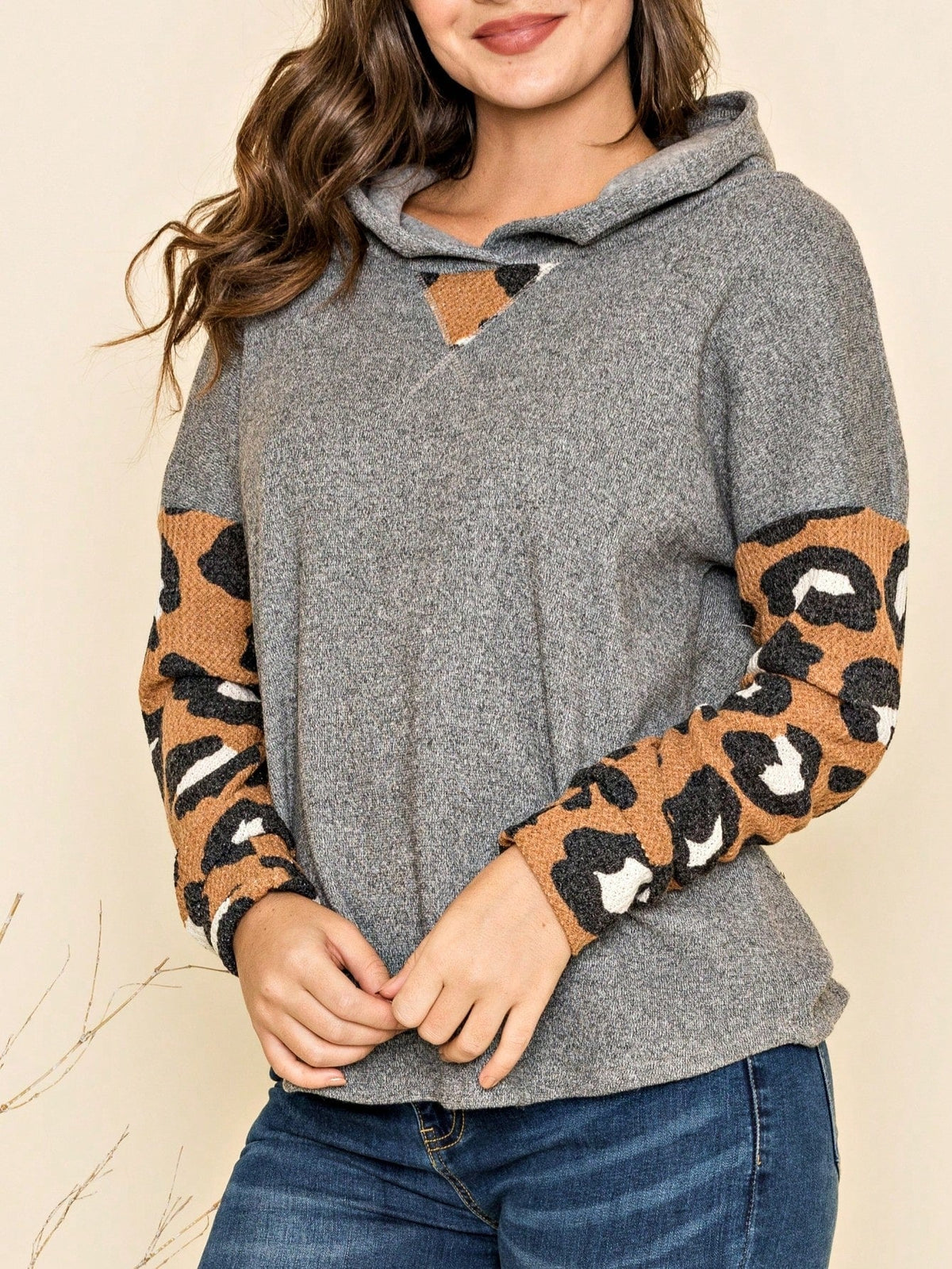 Women's Stylish Long Sleeve Knitted Fabric Top With Plaid Contrast Panel And Drawstring Detail Casual Regular Length Blouse