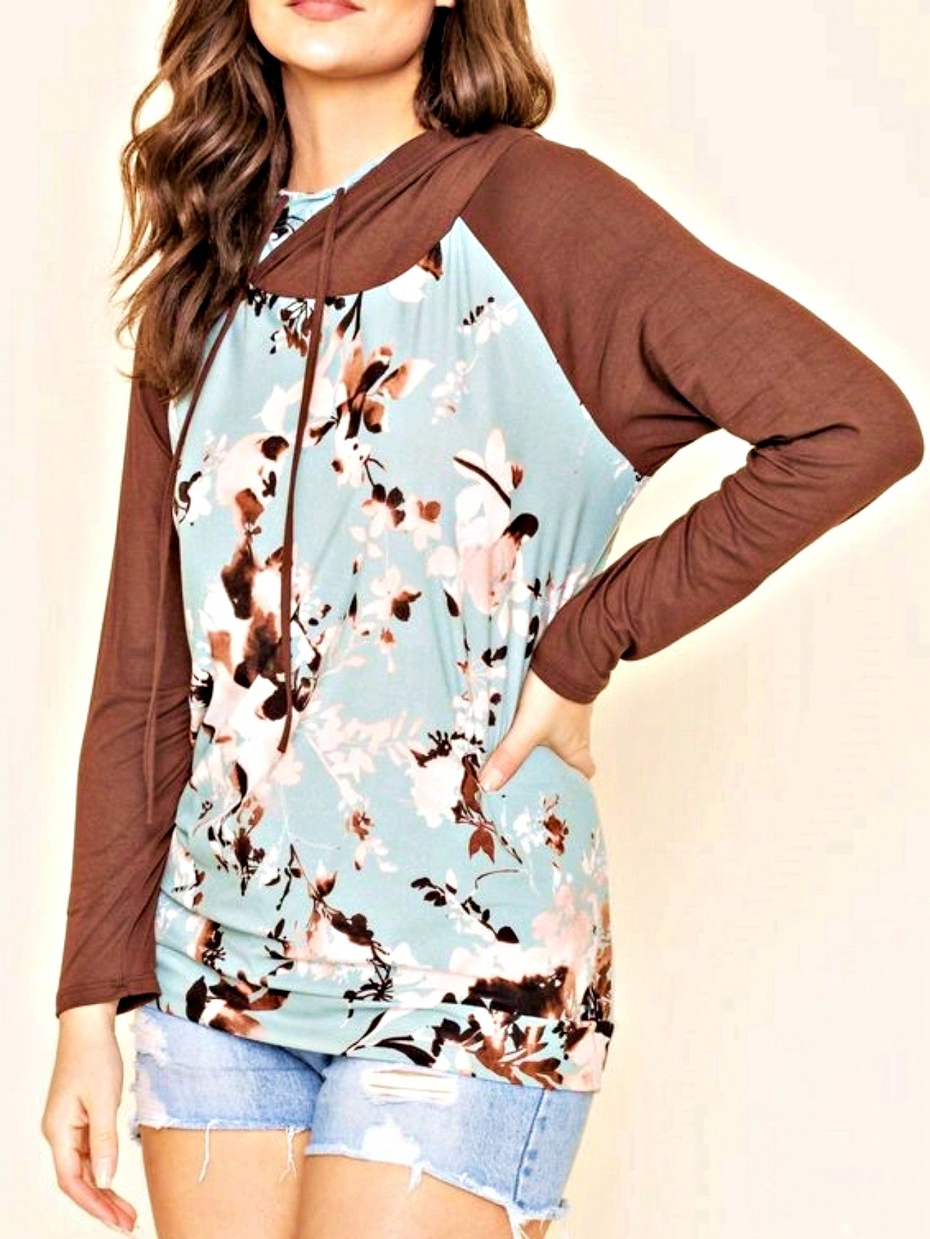 Women's Stylish Long Sleeve Knitted Fabric Top With Plaid Contrast Panel And Drawstring Detail Casual Regular Length Blouse