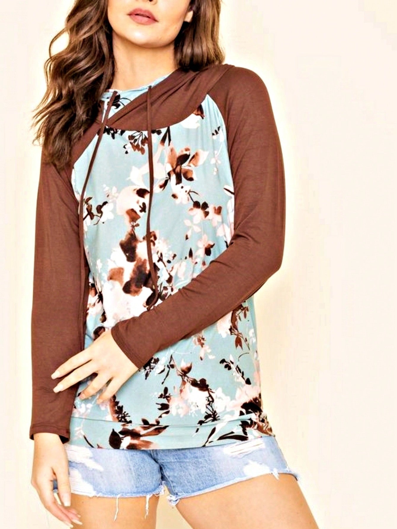 Women's Stylish Long Sleeve Knitted Fabric Top With Plaid Contrast Panel And Drawstring Detail Casual Regular Length Blouse