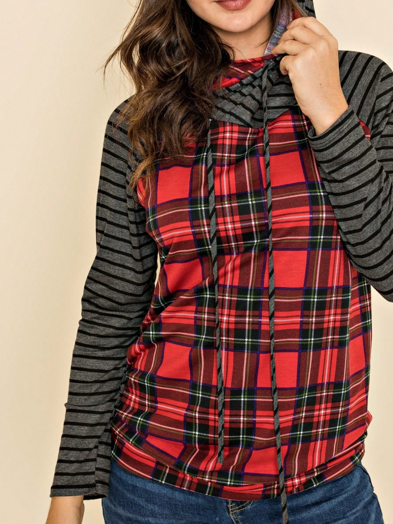 Women's Stylish Long Sleeve Knitted Fabric Top With Plaid Contrast Panel And Drawstring Detail Casual Regular Length Blouse