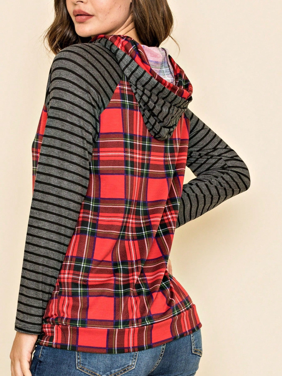 Women's Stylish Long Sleeve Knitted Fabric Top With Plaid Contrast Panel And Drawstring Detail Casual Regular Length Blouse