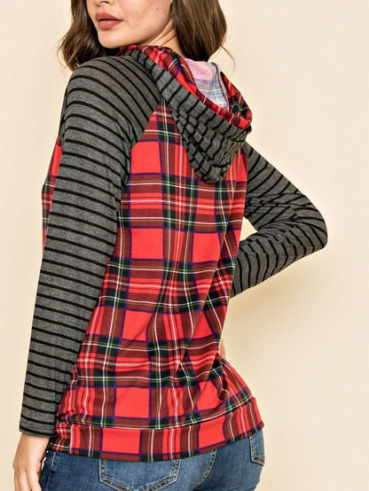 Women's Stylish Long Sleeve Knitted Fabric Top With Plaid Contrast Panel And Drawstring Detail Casual Regular Length Blouse