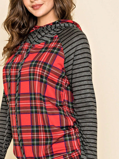 Women's Stylish Long Sleeve Knitted Fabric Top With Plaid Contrast Panel And Drawstring Detail Casual Regular Length Blouse