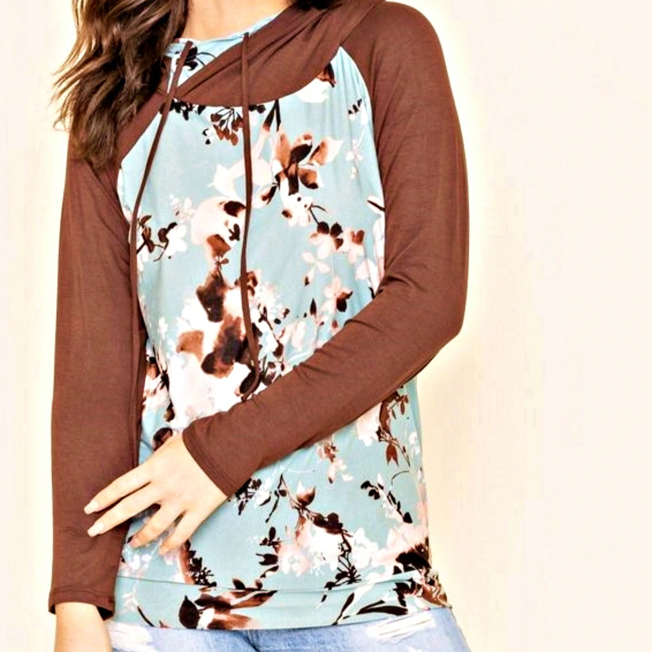 Women's Stylish Long Sleeve Knitted Fabric Top With Plaid Contrast Panel And Drawstring Detail Casual Regular Length Blouse