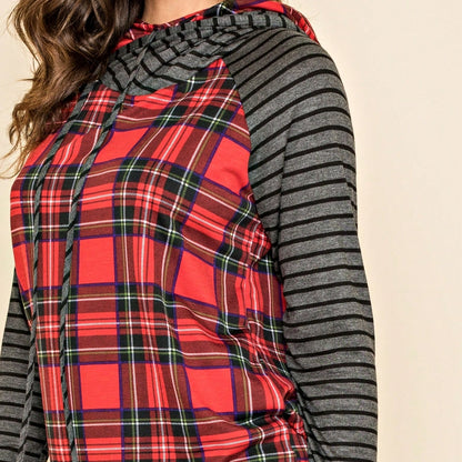 Women's Stylish Long Sleeve Knitted Fabric Top With Plaid Contrast Panel And Drawstring Detail Casual Regular Length Blouse