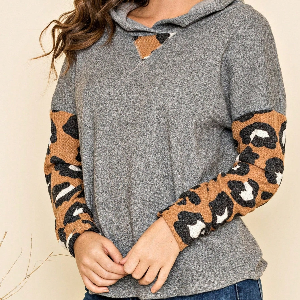 Women's Stylish Long Sleeve Knitted Fabric Top With Plaid Contrast Panel And Drawstring Detail Casual Regular Length Blouse