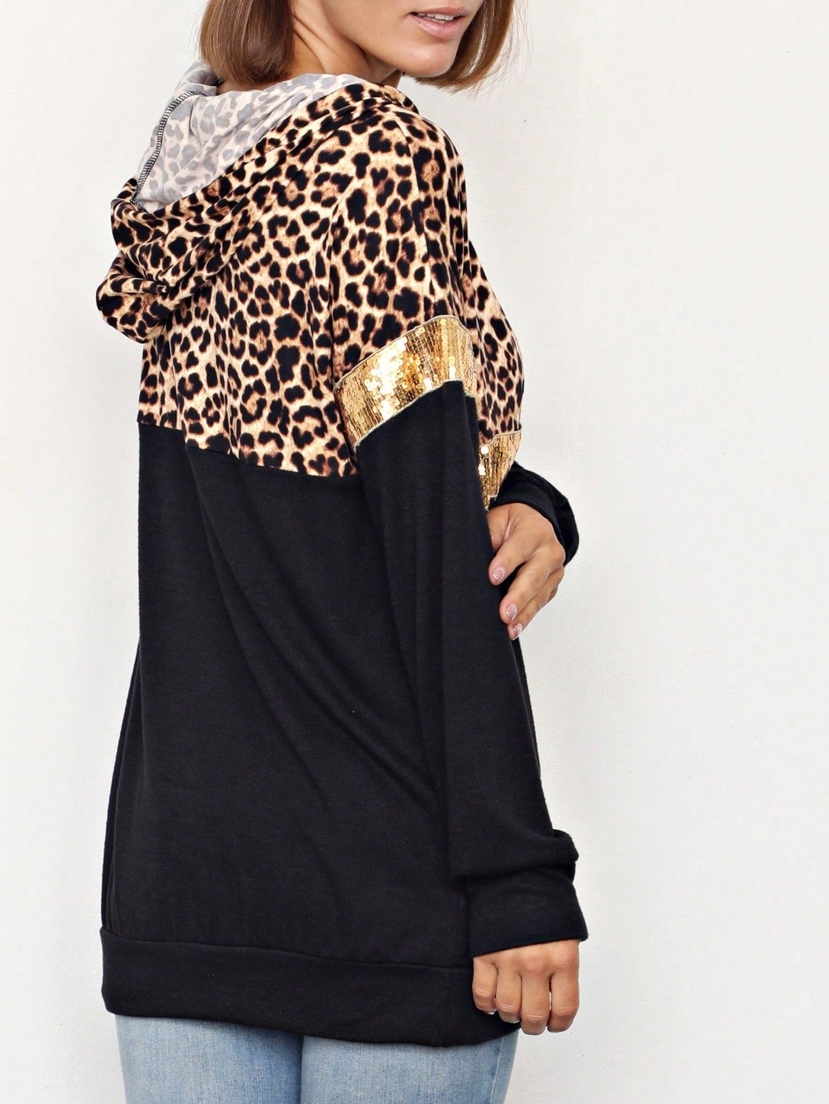 Women's Stylish Long Sleeve Knitted Fabric Top With Plaid Contrast Panel And Drawstring Detail Casual Regular Length Blouse