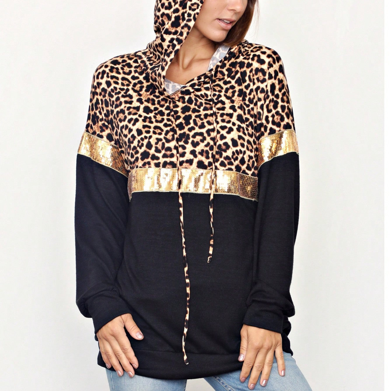 Women's Stylish Long Sleeve Knitted Fabric Top With Plaid Contrast Panel And Drawstring Detail Casual Regular Length Blouse