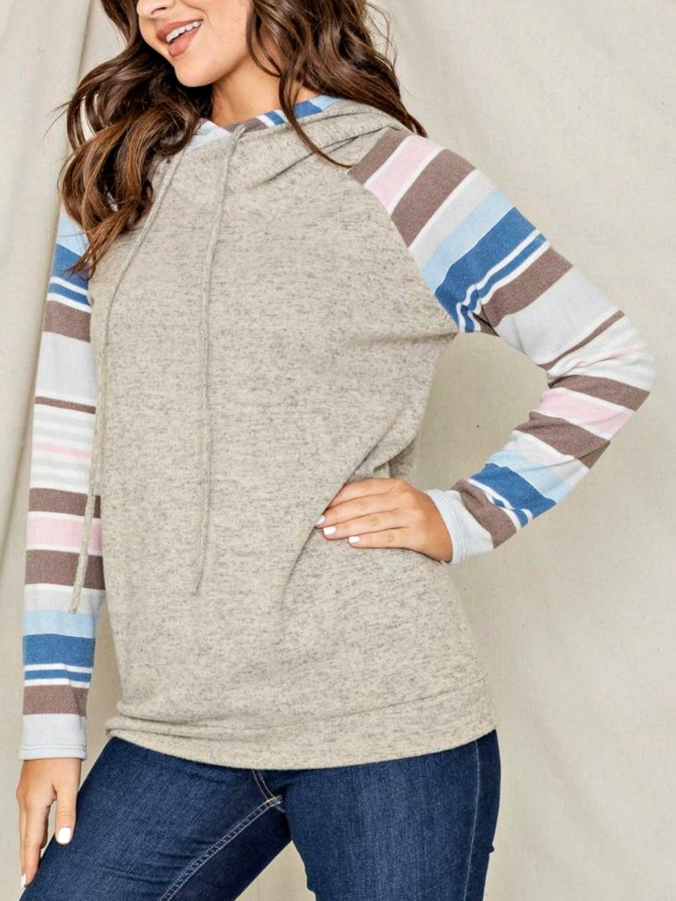 Women's Stylish Long Sleeve Knitted Fabric Top With Plaid Contrast Panel And Drawstring Detail Casual Regular Length Blouse
