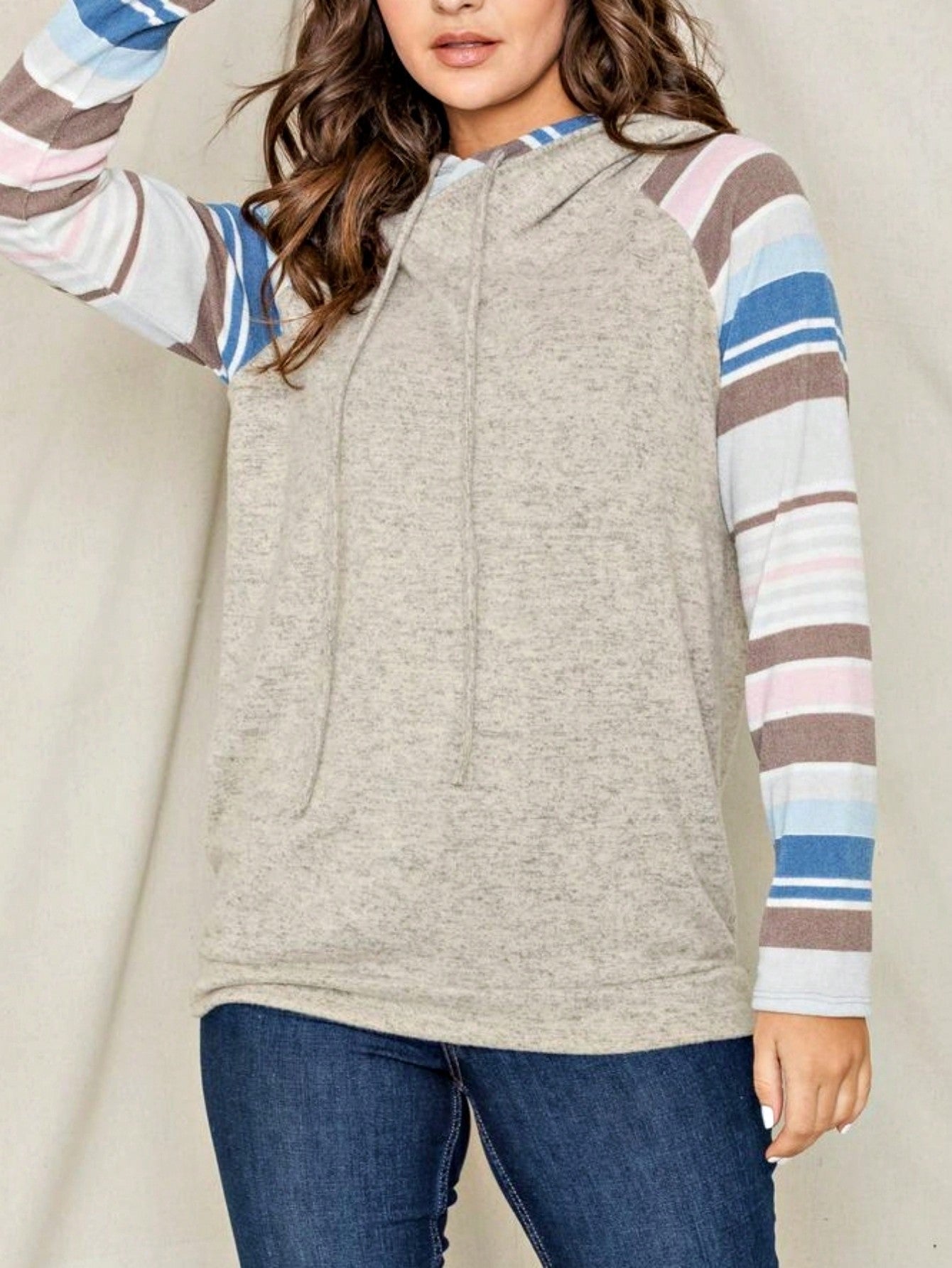 Women's Stylish Long Sleeve Knitted Fabric Top With Plaid Contrast Panel And Drawstring Detail Casual Regular Length Blouse