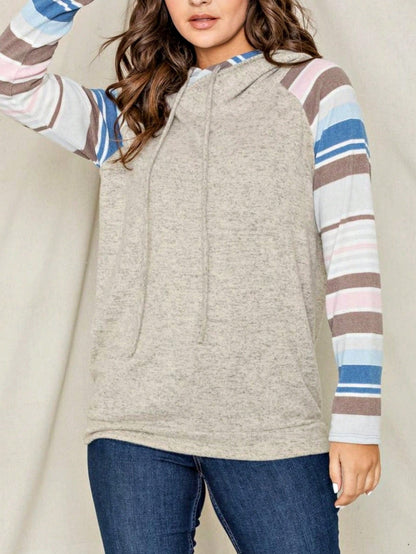 Women's Stylish Long Sleeve Knitted Fabric Top With Plaid Contrast Panel And Drawstring Detail Casual Regular Length Blouse