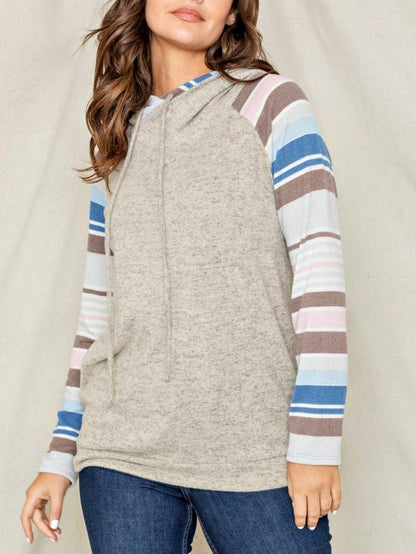 Women's Stylish Long Sleeve Knitted Fabric Top With Plaid Contrast Panel And Drawstring Detail Casual Regular Length Blouse