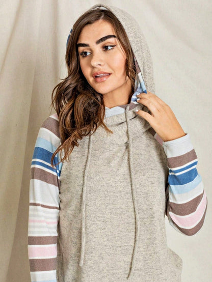 Women's Stylish Long Sleeve Knitted Fabric Top With Plaid Contrast Panel And Drawstring Detail Casual Regular Length Blouse