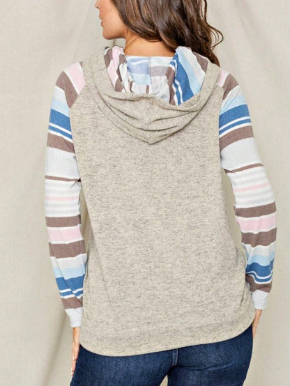 Women's Stylish Long Sleeve Knitted Fabric Top With Plaid Contrast Panel And Drawstring Detail Casual Regular Length Blouse