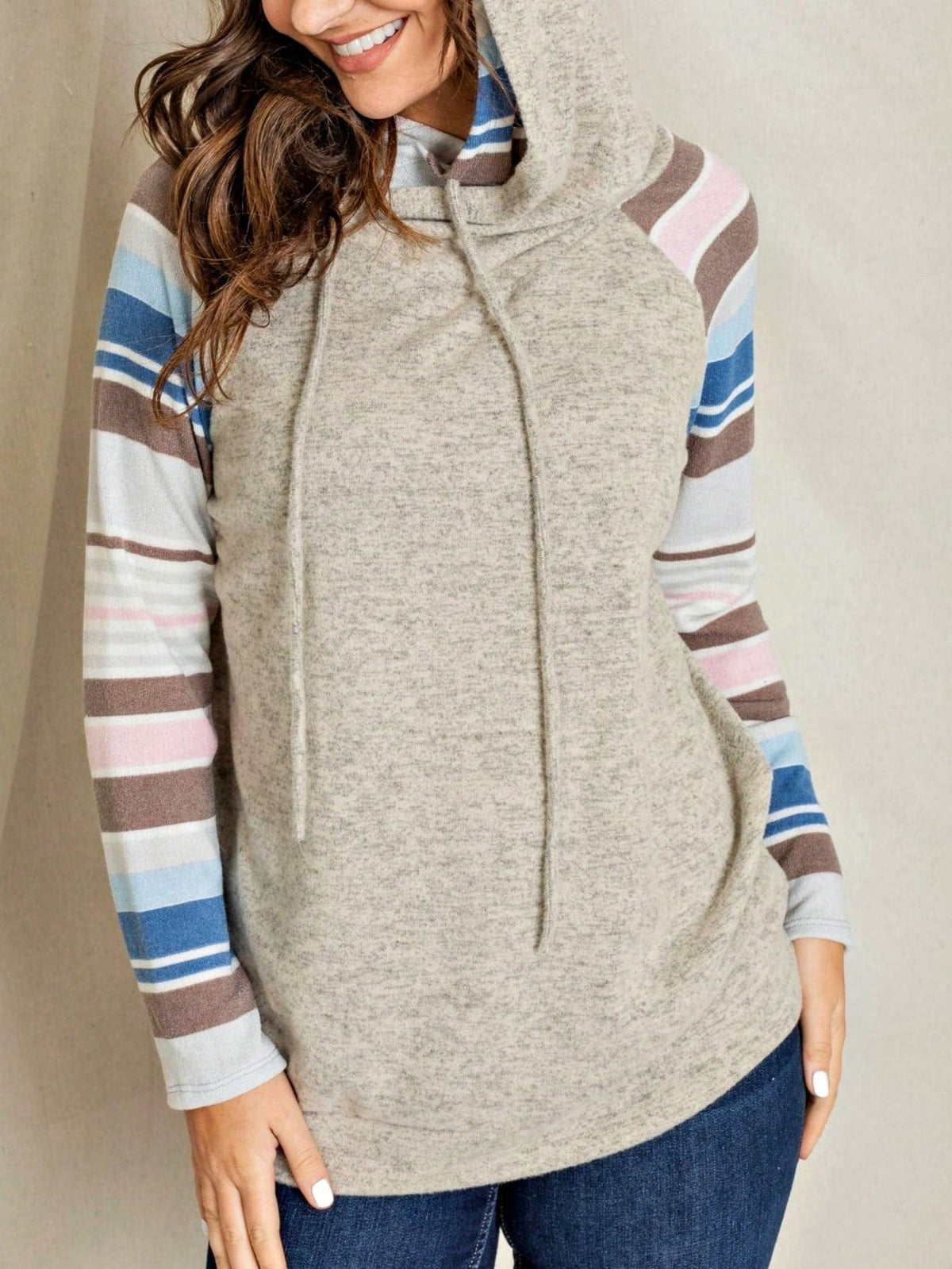 Women's Stylish Long Sleeve Knitted Fabric Top With Plaid Contrast Panel And Drawstring Detail Casual Regular Length Blouse