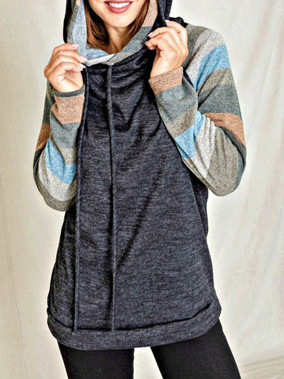 Women's Stylish Long Sleeve Knitted Fabric Top With Plaid Contrast Panel And Drawstring Detail Casual Regular Length Blouse