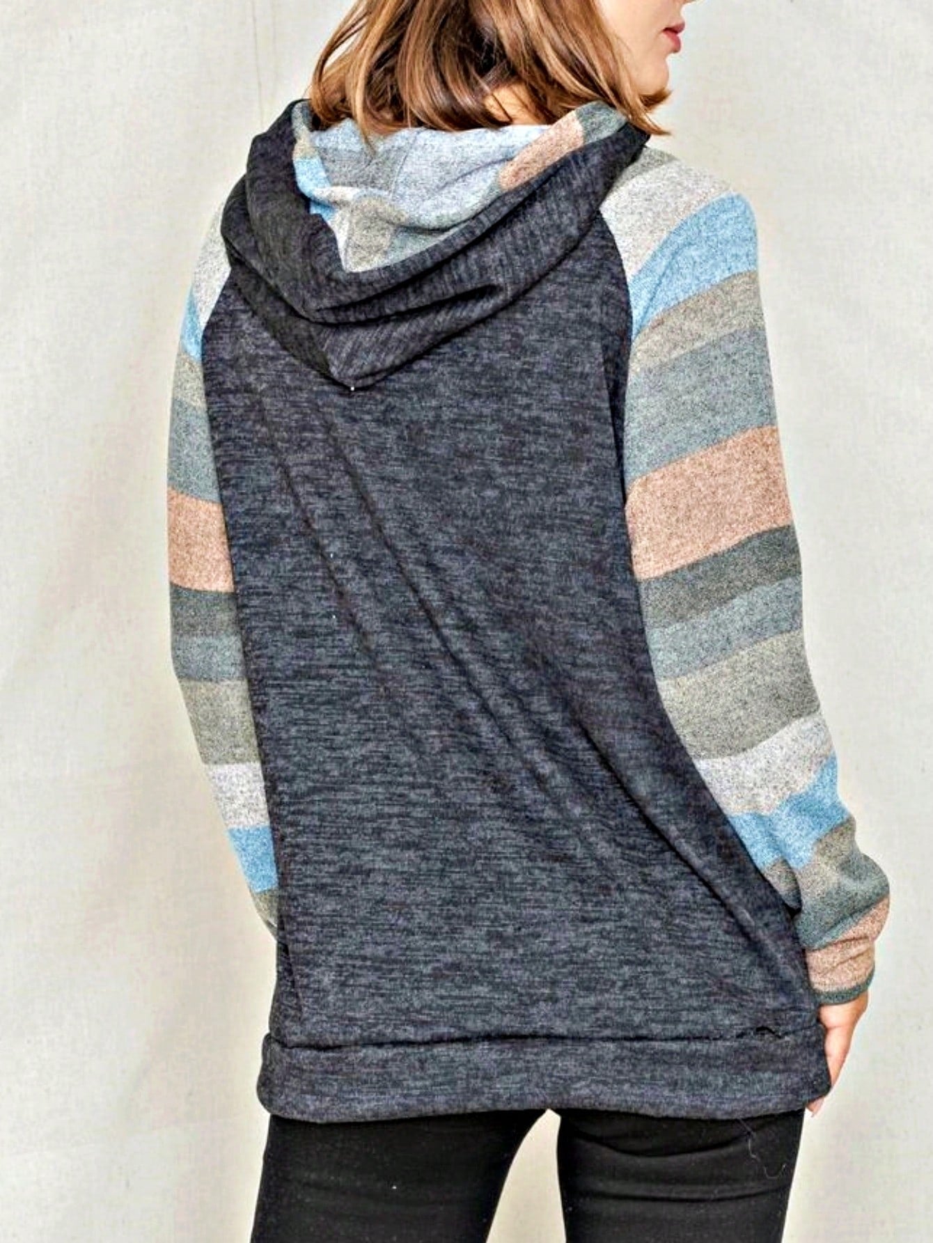 Women's Stylish Long Sleeve Knitted Fabric Top With Plaid Contrast Panel And Drawstring Detail Casual Regular Length Blouse