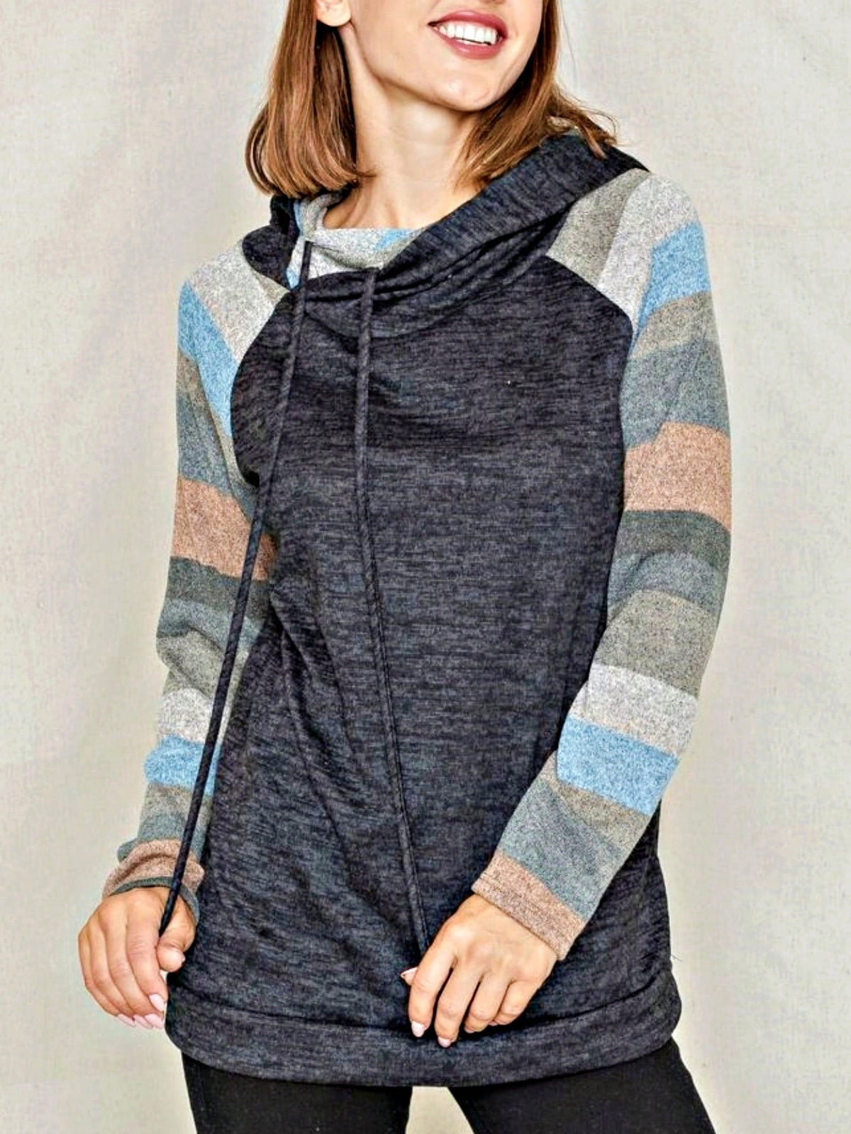 Women's Stylish Long Sleeve Knitted Fabric Top With Plaid Contrast Panel And Drawstring Detail Casual Regular Length Blouse