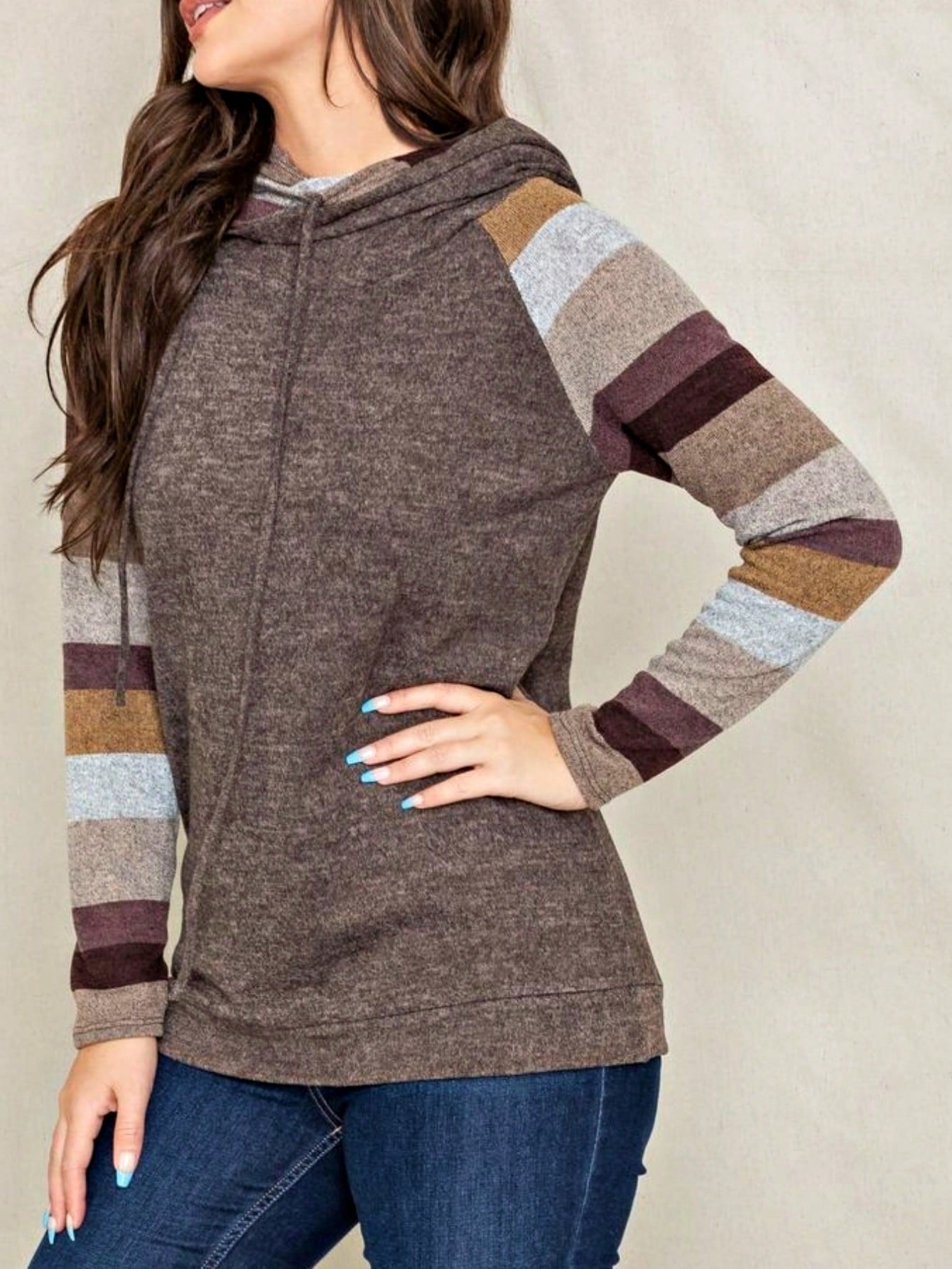 Women's Stylish Long Sleeve Knitted Fabric Top With Plaid Contrast Panel And Drawstring Detail Casual Regular Length Blouse
