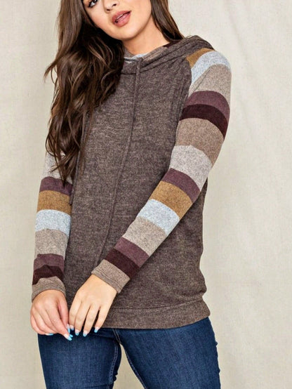 Women's Stylish Long Sleeve Knitted Fabric Top With Plaid Contrast Panel And Drawstring Detail Casual Regular Length Blouse