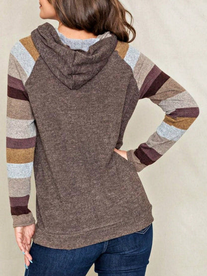 Women's Stylish Long Sleeve Knitted Fabric Top With Plaid Contrast Panel And Drawstring Detail Casual Regular Length Blouse