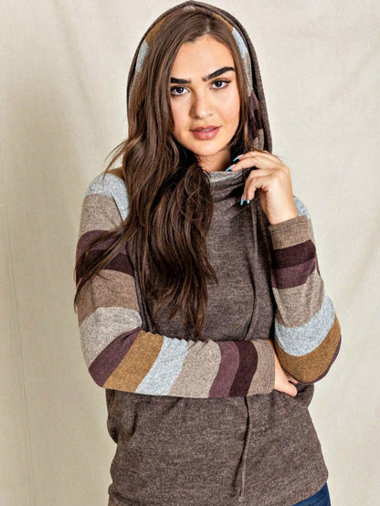 Women's Stylish Long Sleeve Knitted Fabric Top With Plaid Contrast Panel And Drawstring Detail Casual Regular Length Blouse