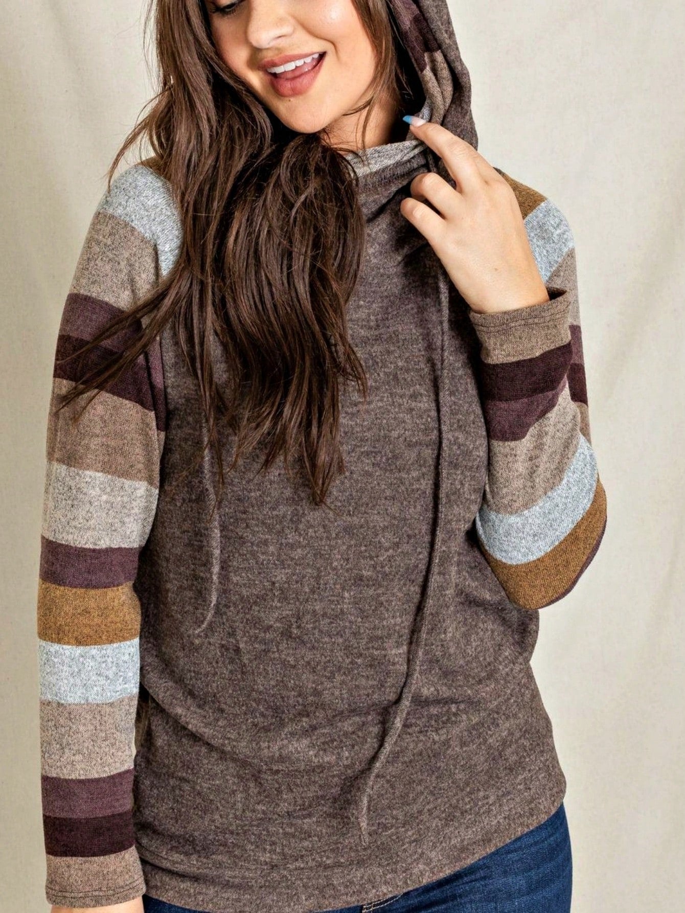 Women's Stylish Long Sleeve Knitted Fabric Top With Plaid Contrast Panel And Drawstring Detail Casual Regular Length Blouse