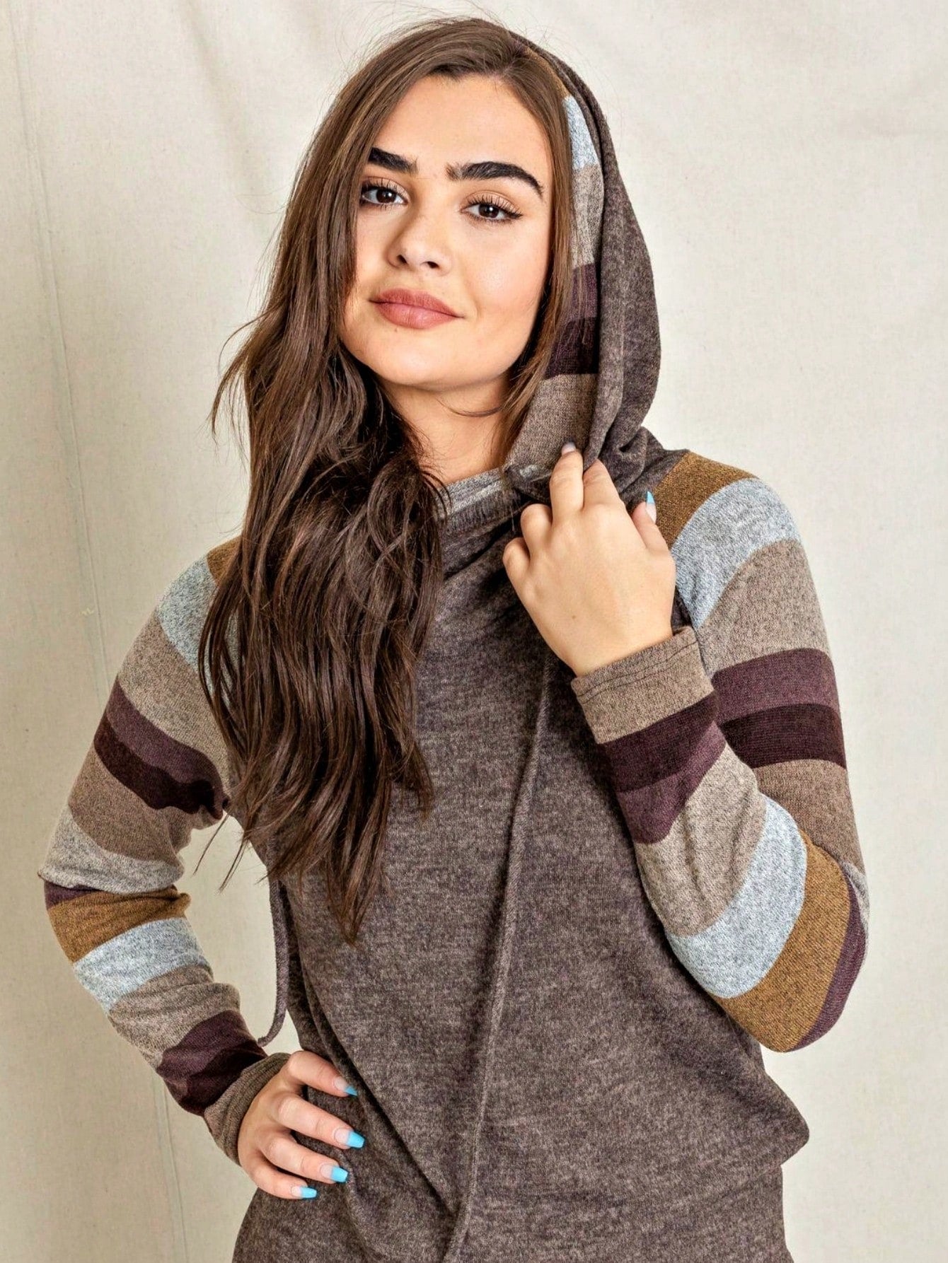 Women's Stylish Long Sleeve Knitted Fabric Top With Plaid Contrast Panel And Drawstring Detail Casual Regular Length Blouse