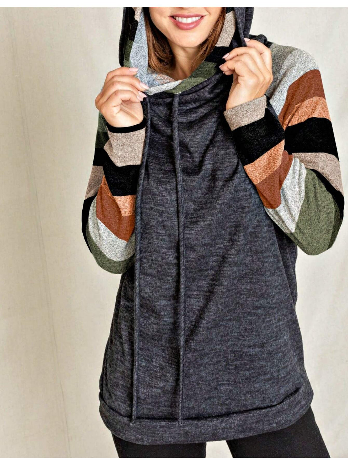 Women's Stylish Long Sleeve Knitted Fabric Top With Plaid Contrast Panel And Drawstring Detail Casual Regular Length Blouse