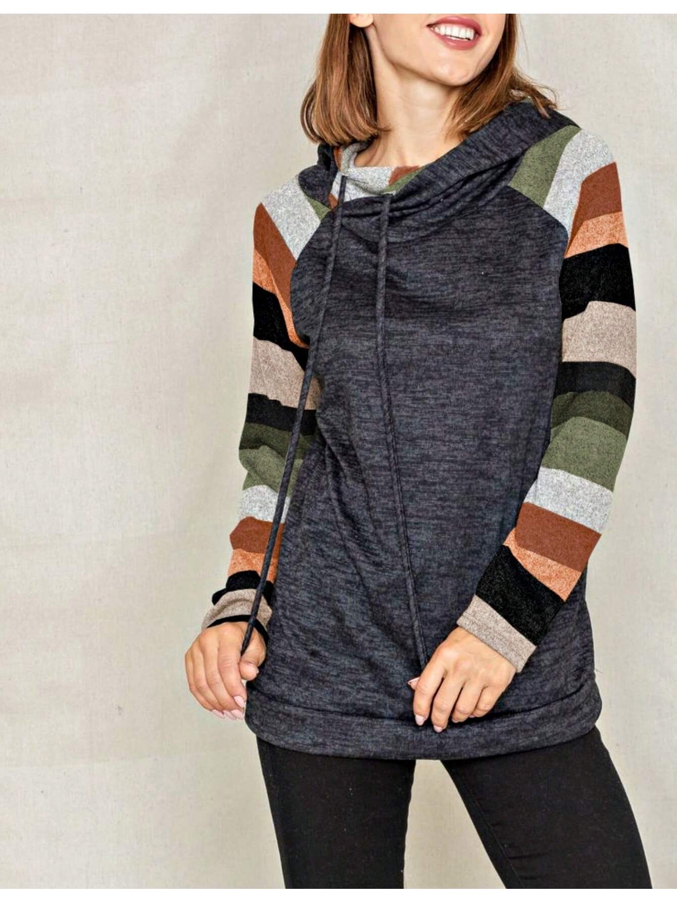 Women's Stylish Long Sleeve Knitted Fabric Top With Plaid Contrast Panel And Drawstring Detail Casual Regular Length Blouse