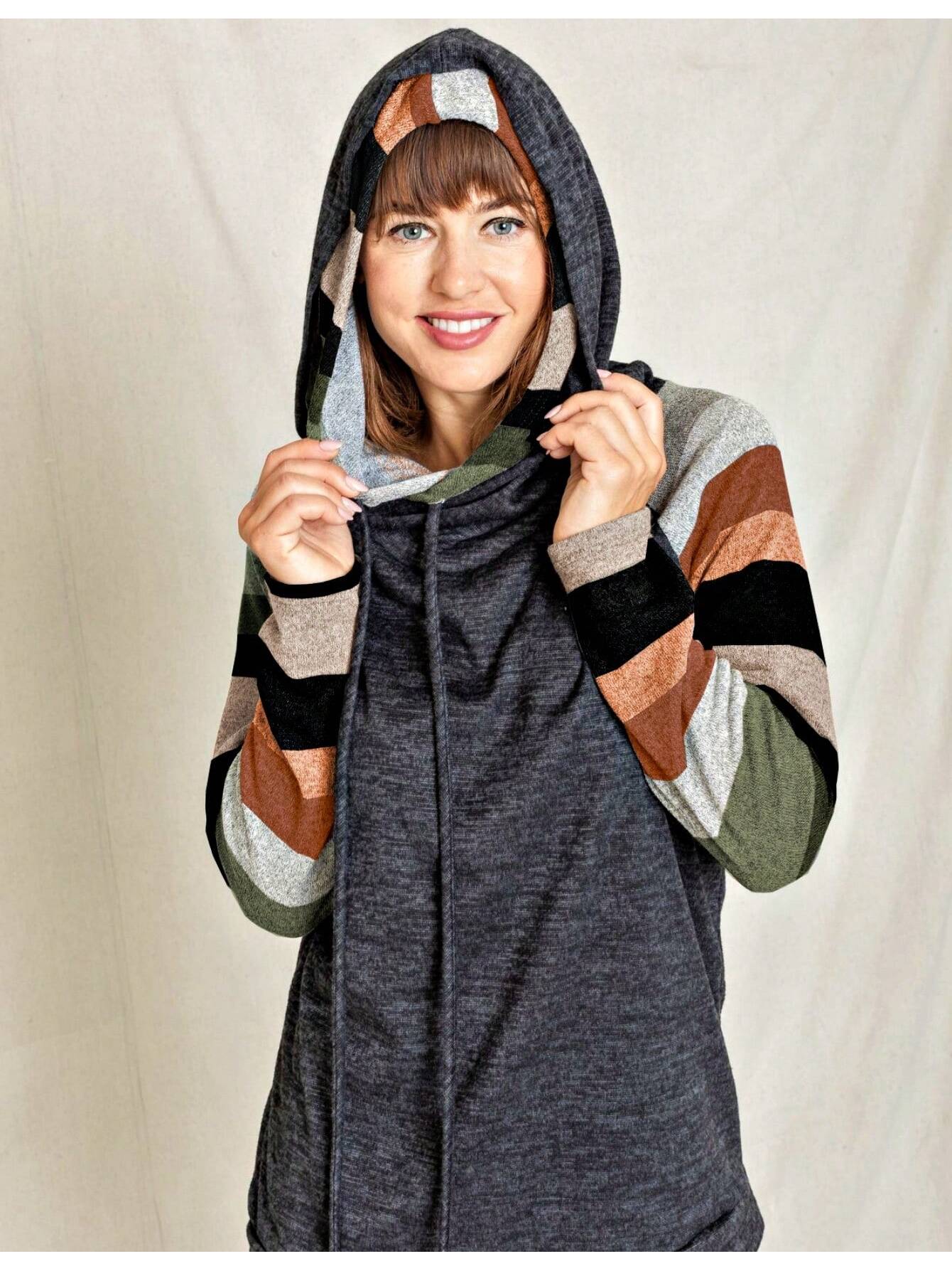 Women's Stylish Long Sleeve Knitted Fabric Top With Plaid Contrast Panel And Drawstring Detail Casual Regular Length Blouse