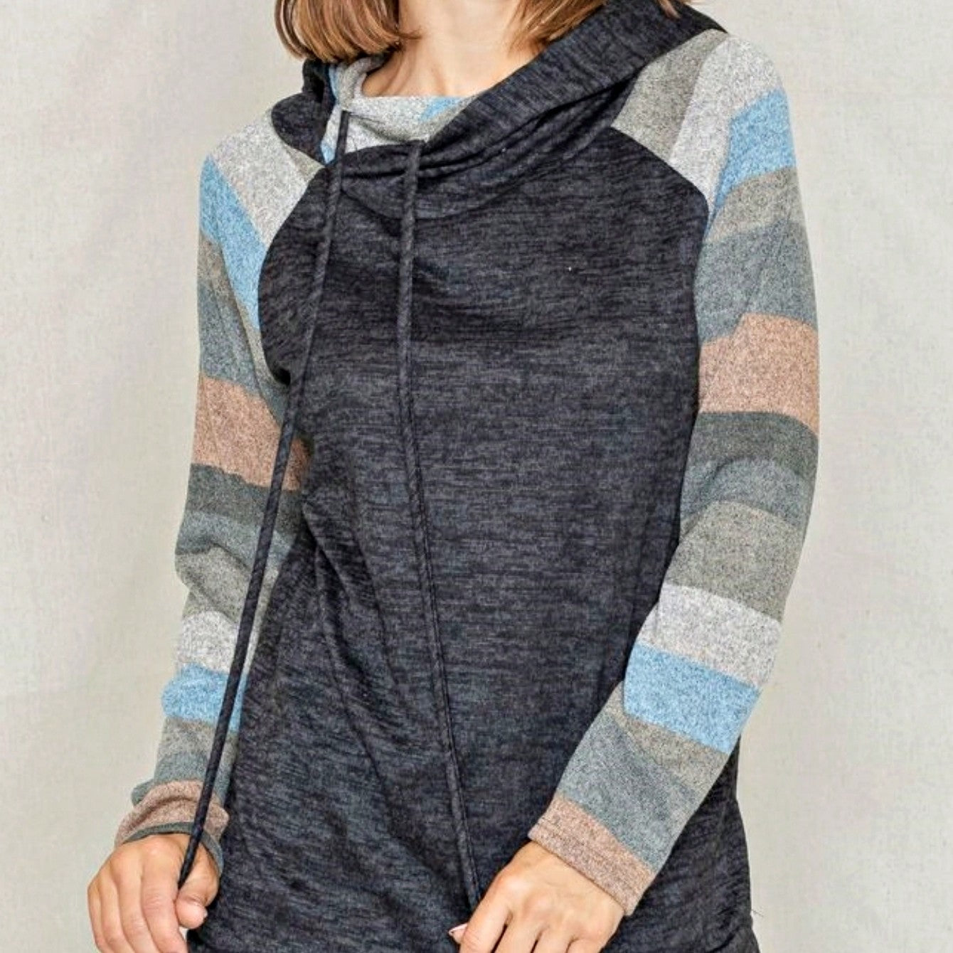 Women's Stylish Long Sleeve Knitted Fabric Top With Plaid Contrast Panel And Drawstring Detail Casual Regular Length Blouse