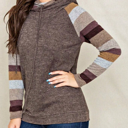 Women's Stylish Long Sleeve Knitted Fabric Top With Plaid Contrast Panel And Drawstring Detail Casual Regular Length Blouse