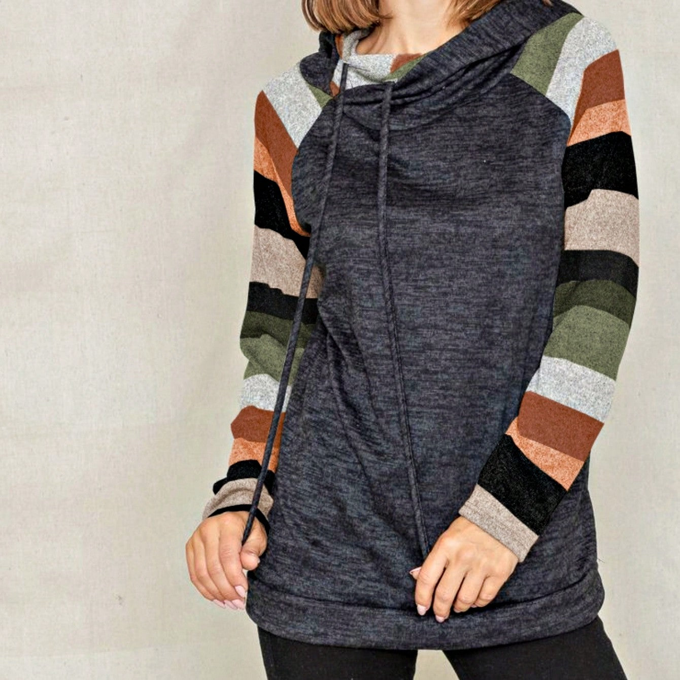 Women's Stylish Long Sleeve Knitted Fabric Top With Plaid Contrast Panel And Drawstring Detail Casual Regular Length Blouse